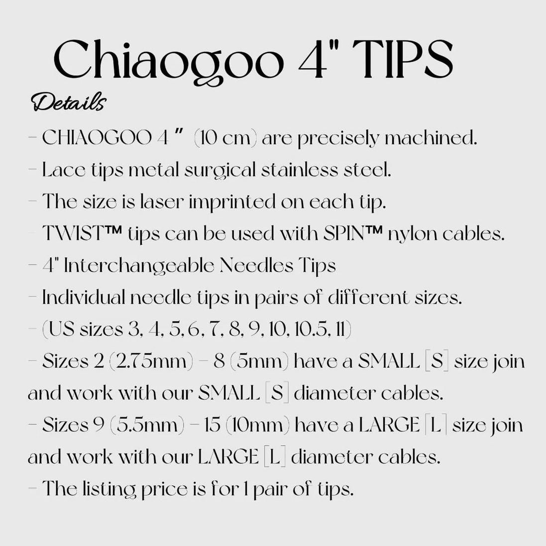 4" Chiaogoo Knitting Needle TIPS Metal Needles 10 cm US 3 4 5 6 7 8 9 10 10.5 11 Individual Pairs for Interchangeable Cable Cords Red Lace TWIST Stainless Steel