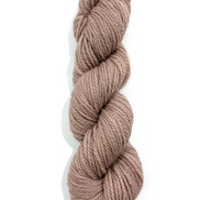 A single skein of twisted yarn in a dusty mauve-brown shade, photographed vertically against a clean white background.