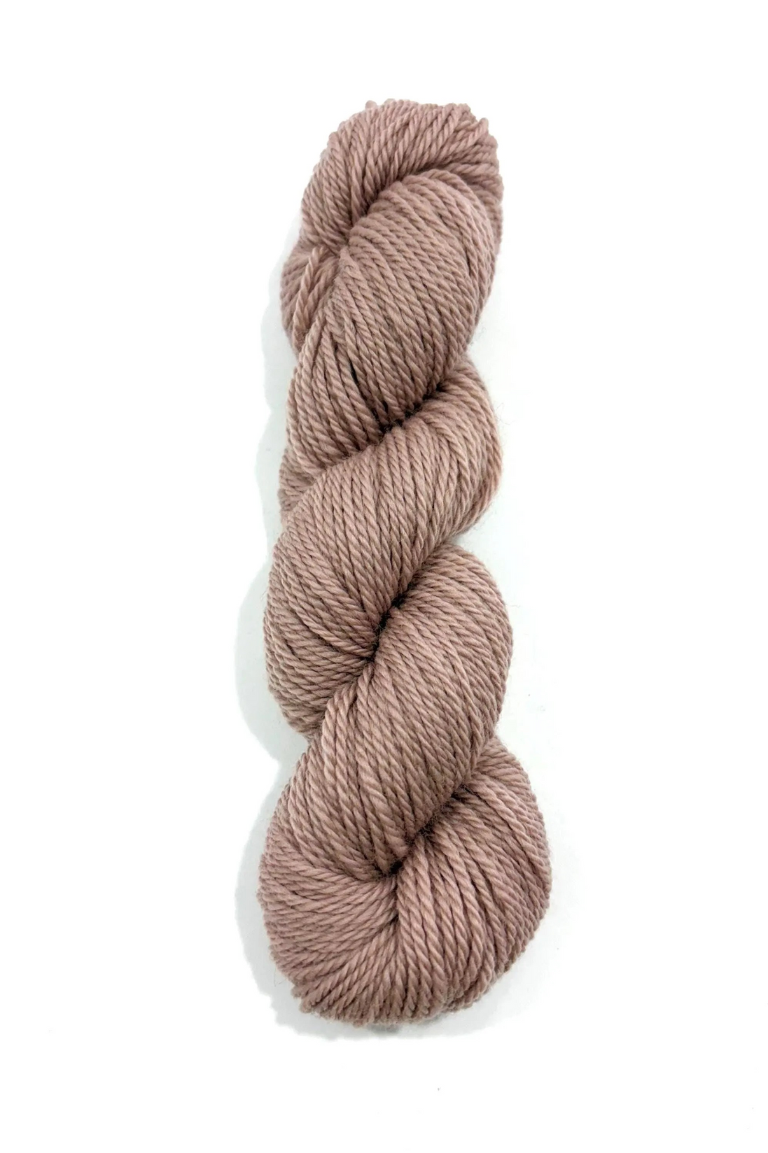 A single skein of twisted yarn in a dusty mauve-brown shade, photographed vertically against a clean white background.