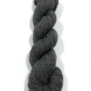 A single skein of dark charcoal gray heathered yarn, twisted into a braid, photographed on a clean white background with a soft drop shadow.