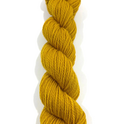 A single skein of twisted yarn in a rich mustard yellow color, photographed vertically against a clean white background.