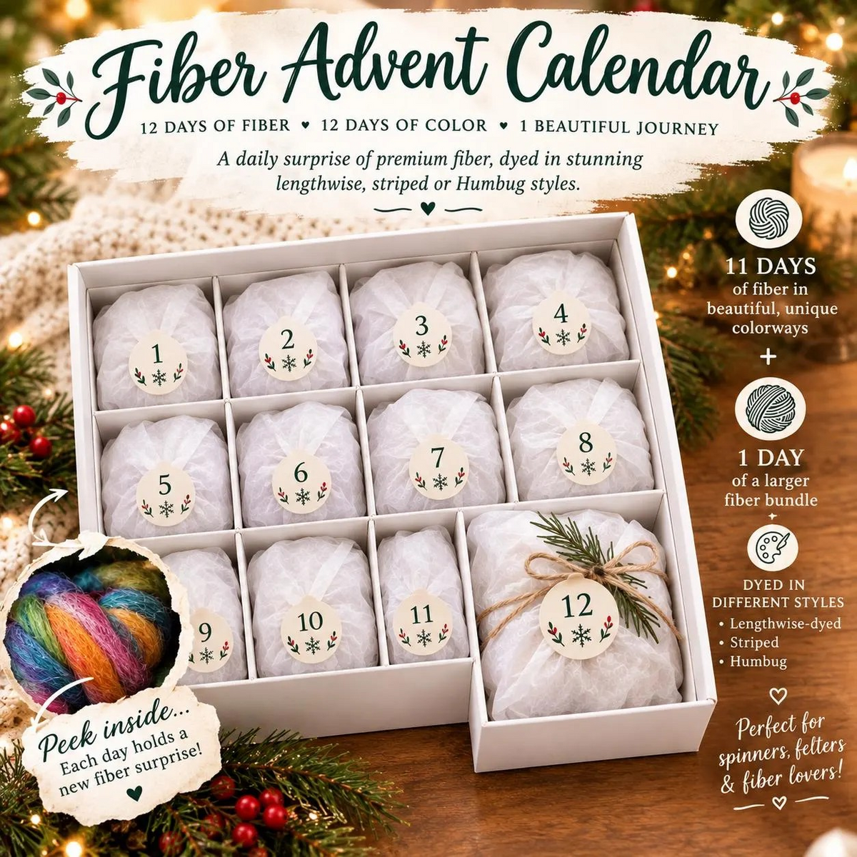Fiber Advent Calendar 12 Days Natural Fiber Wool Yarn Advent Calendar Gift Spinning Knitting Crochet Gift Fiber Lover Gift Weave Felt 3D Art