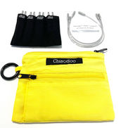 Chiaogoo Mini Knitting Needle Chiaogoo SHORTIE TWIST Red Blue Yellow Mini Knitting Needle Set for Small Circumference Sock Knitting Sleeves Baby Clothes. Yellow pouch with black strap, black and white cables on a white background