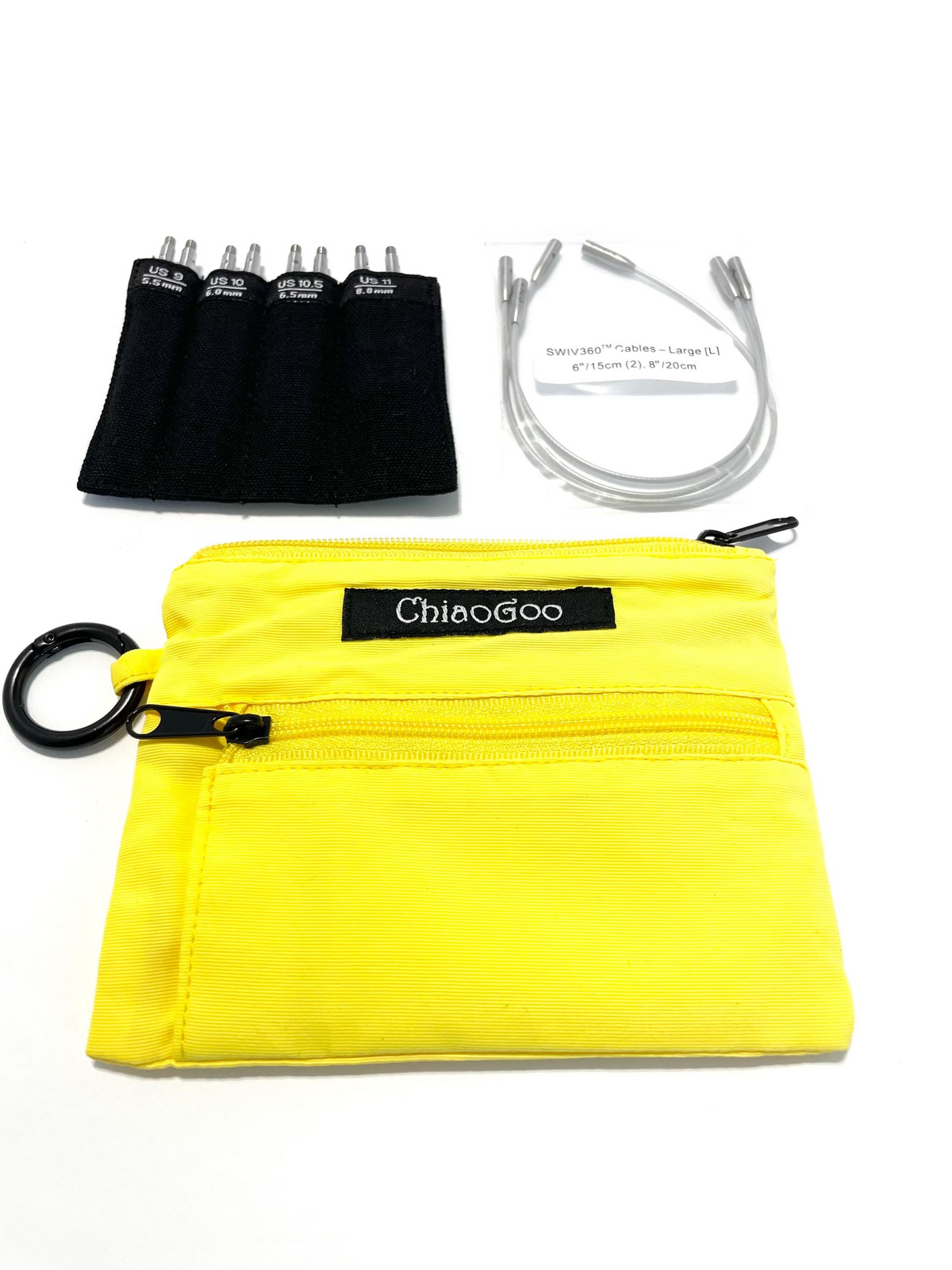 Chiaogoo Mini Knitting Needle Chiaogoo SHORTIE TWIST Red Blue Yellow Mini Knitting Needle Set for Small Circumference Sock Knitting Sleeves Baby Clothes. Yellow pouch with black strap, black and white cables on a white background