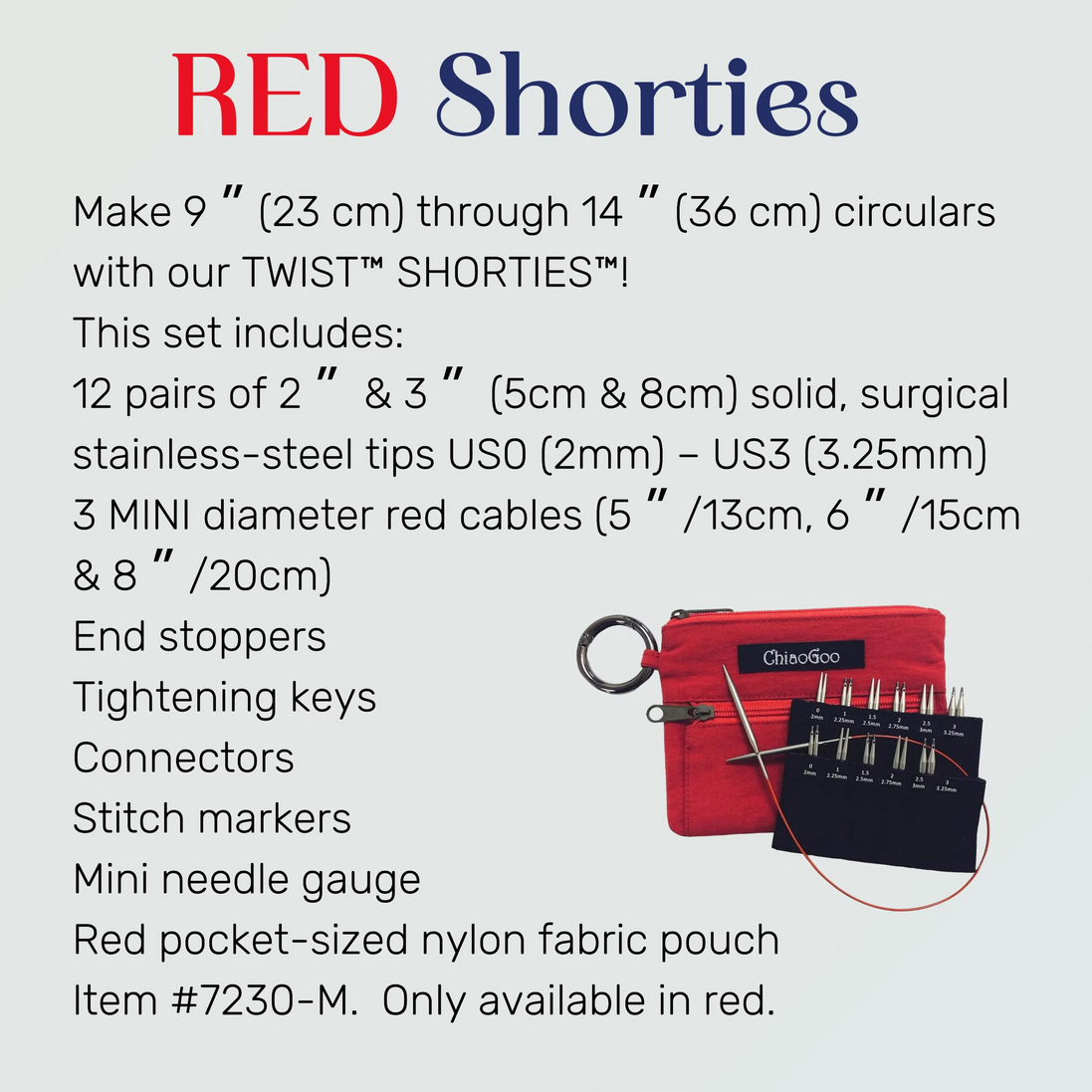 Chiaogoo Mini Knitting Needle Chiaogoo SHORTIE TWIST Red Blue Yellow Mini Knitting Needle Set for Small Circumference Sock Knitting Sleeves Baby Clothes. Product information graphic for the CHICO600 RED Shorties knitting needle set. The text lists included items such as solid and stainless-steel tips, mini cables, stoppers, and a red fabric pouch.