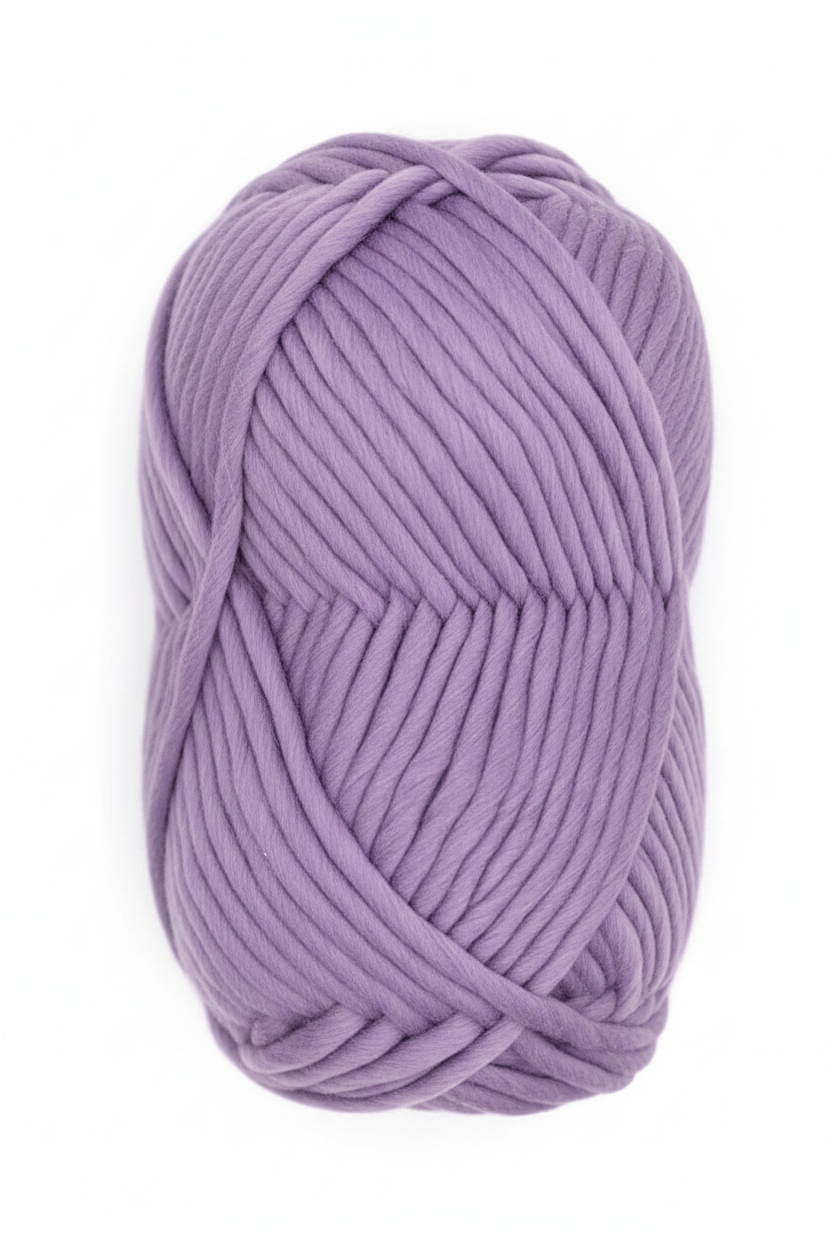 Bulky Weight Yarn 100% Merino Wool Super Bulky Yarn Weight 6 Chunky Natural Wool Yarn for Knitting & Crochet Quick Project Yarn. A ball of lavender purple chunky yarn with a red and white label reading 'World of Wool Chubbs' on a white marble background.