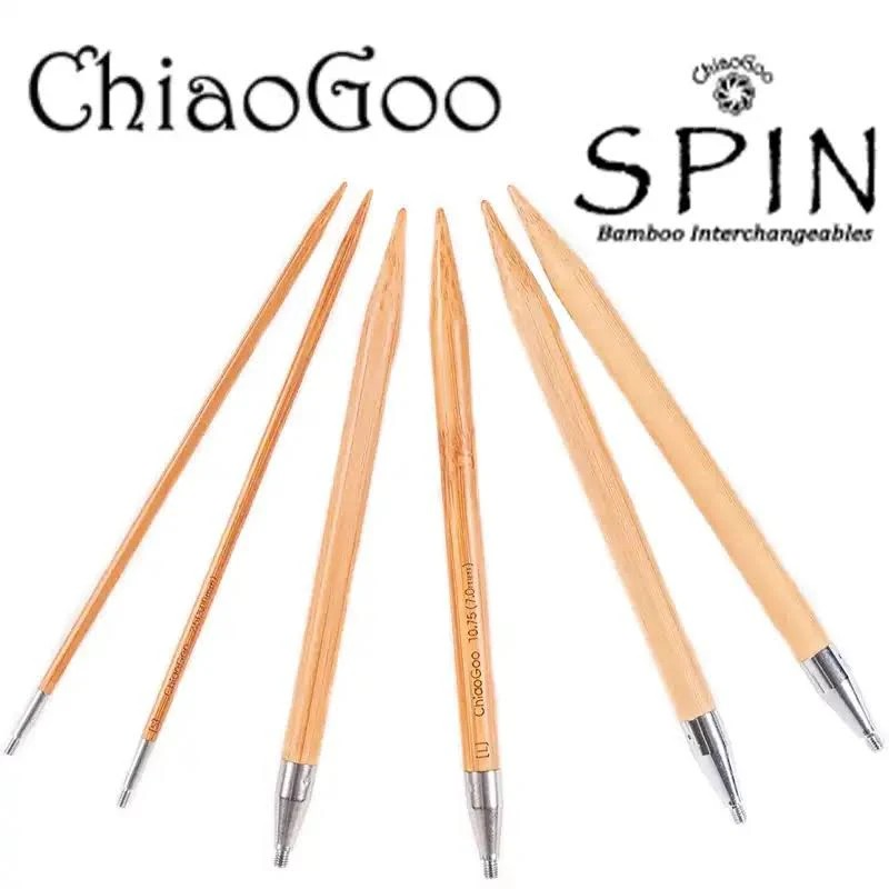 5" Wooden Knitting Needles 13 cm Chiaogoo Bamboo Needle TIPS SPIN Interchangeable Needle All Sizes US3 4 5 6 7 8 9 10 10.5 11 for Red Lace Cable Smooth Knitting Lightweight. Five bamboo knitting needles with silver metal tips arranged in a fan shape on a white background, with the ChiaoGoo SPIN Bamboo Interchangeables branding printed above.