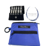 Chiaogoo Mini Knitting Needle Chiaogoo SHORTIE TWIST Red Blue Yellow Mini Knitting Needle Set for Small Circumference Sock Knitting Sleeves Baby Clothes. Blue carrying case with ChinoGoo branding, black tool roll with needles, and blue cable on a white background.
