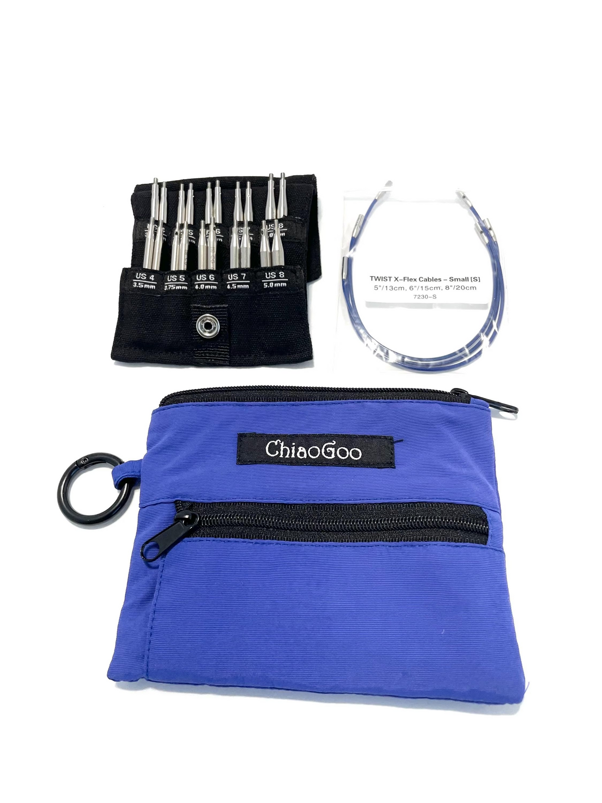 Chiaogoo Mini Knitting Needle Chiaogoo SHORTIE TWIST Red Blue Yellow Mini Knitting Needle Set for Small Circumference Sock Knitting Sleeves Baby Clothes. Blue carrying case with ChinoGoo branding, black tool roll with needles, and blue cable on a white background.