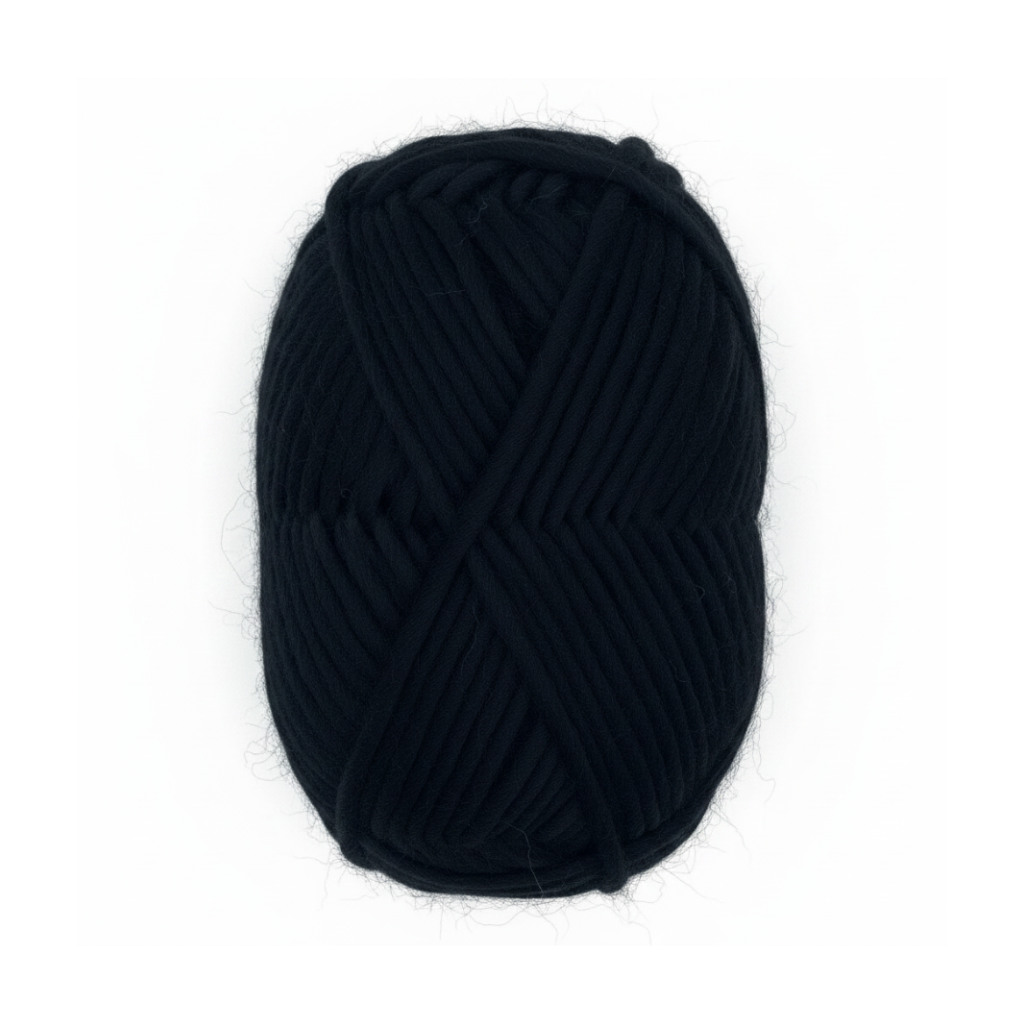 Bulky Weight Yarn 100% Merino Wool Super Bulky Yarn Weight 6 Chunky Natural Wool Yarn for Knitting & Crochet Quick Project Yarn. A skein of black merino wool yarn with a red and white paper label reading 'World of Wool Chubbs' on a white marble background.