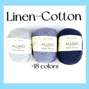Three balls of yarn in light blue, lavender, and navy are shown under the text 'Linen-Cotton' with '+18 colors' below. The labels read 'BC GARN ALLINO Linen-Cotton'.