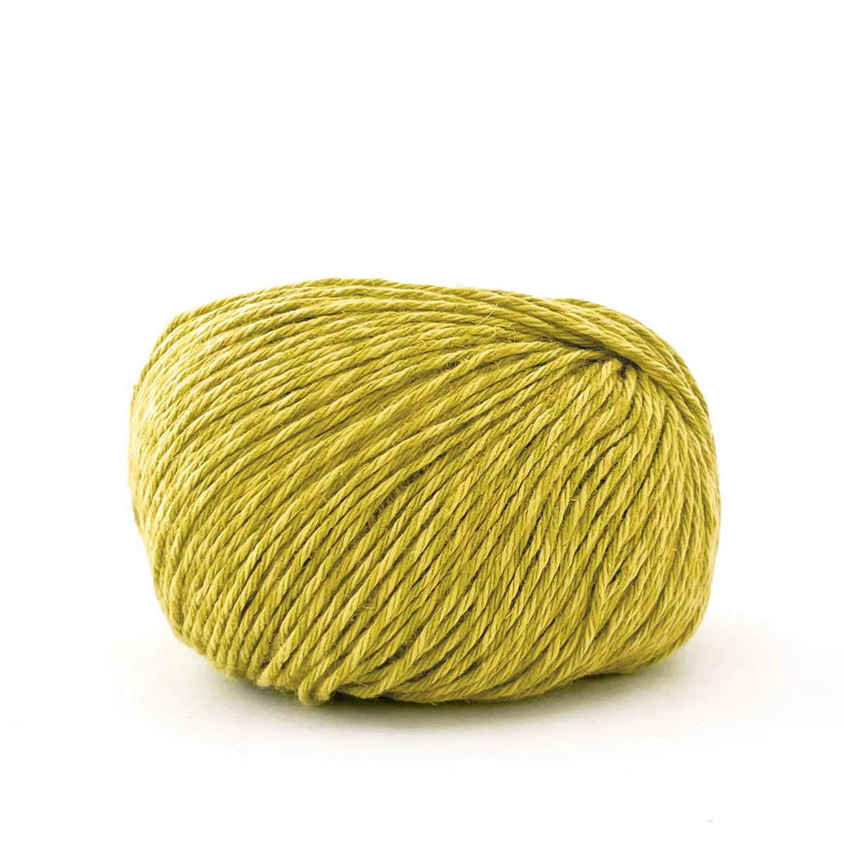 A single ball of textured yarn in a muted mustard yellow color, photographed on a clean white background.