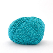 A single ball of bright turquoise blue yarn on a clean white background.