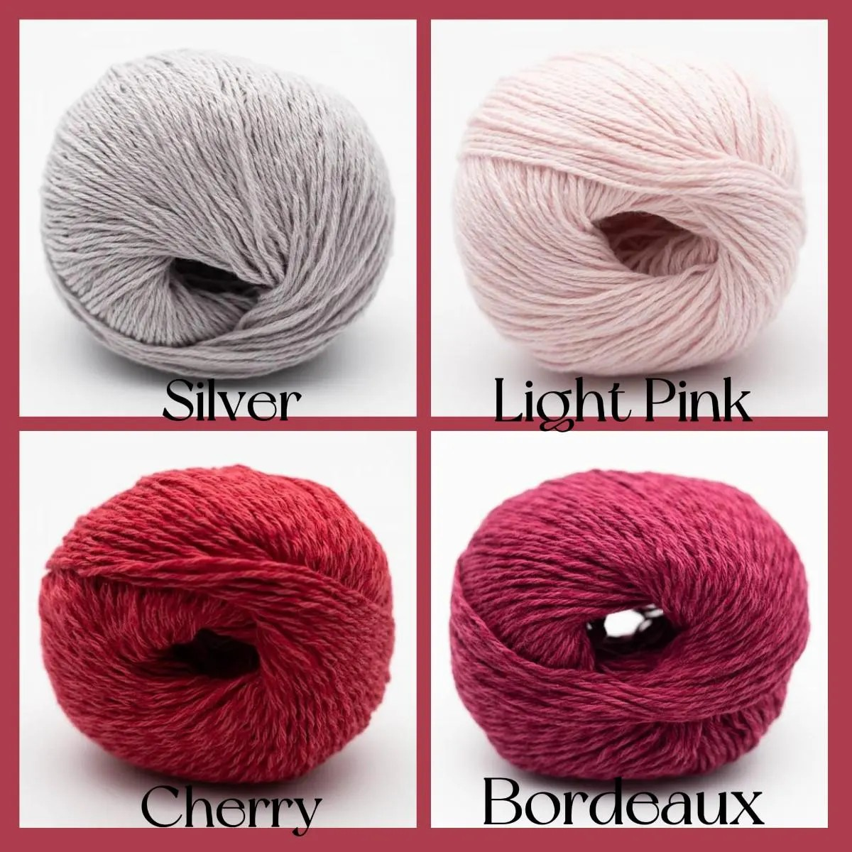 Four balls of yarn arranged in a 2x2 grid on a white background with a red border. The yarn colors are labeled Silver, Light Pink, Cherry, and Bordeaux, with each ball shown above its name.