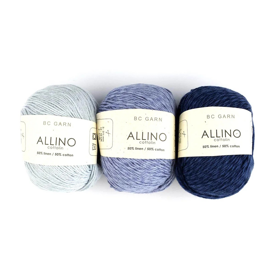 Three skeins of yarn from BC Garn Allino on a white background