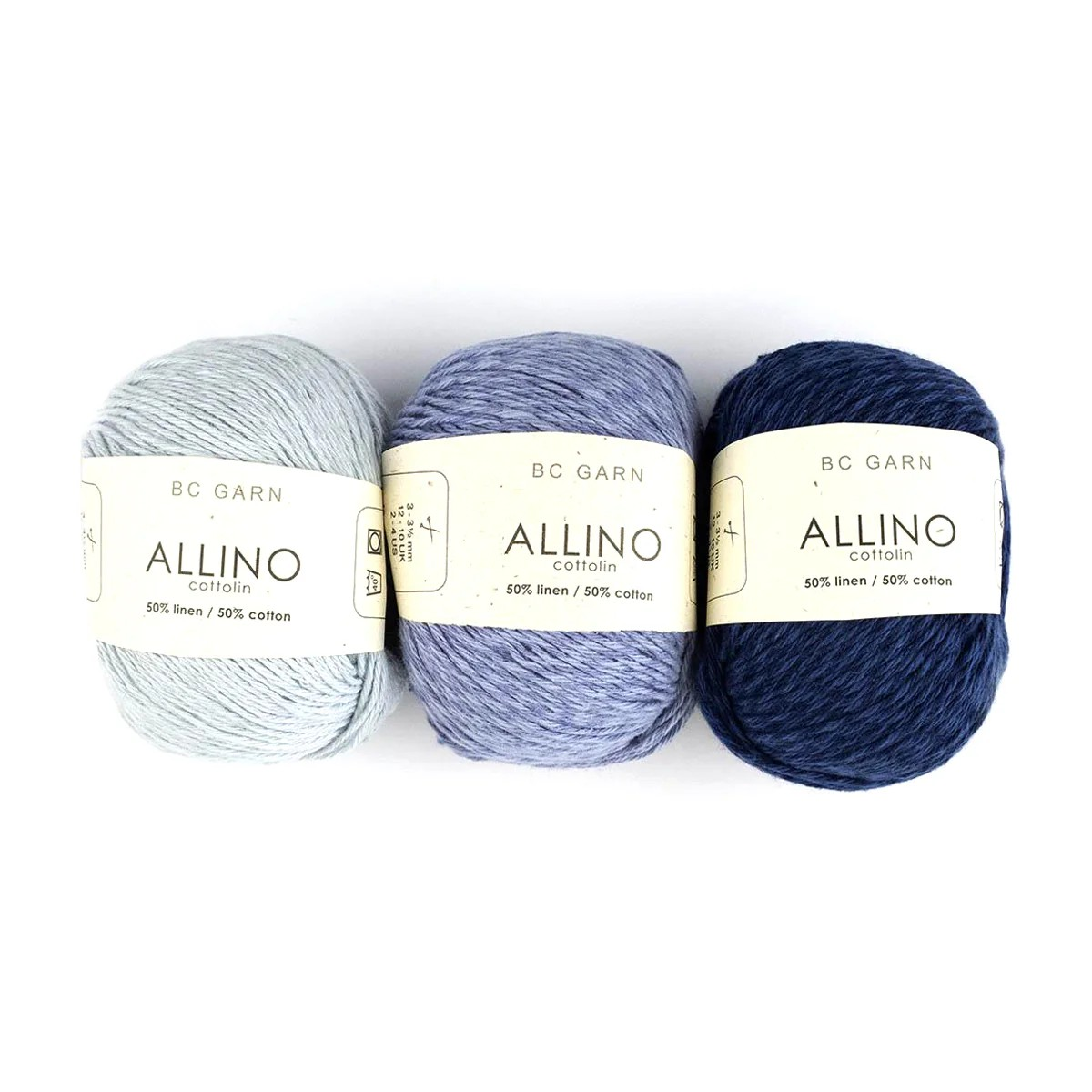 Three skeins of yarn from BC Garn Allino on a white background