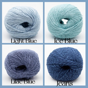 Four skeins of yarn arranged in a 2x2 grid with labels reading Light Blue, Ice Blue, Lilac Blue, and Jeans. The top-left skein is pale light blue, the top-right is icy blue, the bottom-left is lavender-blue, and the bottom-right is a medium denim blue.