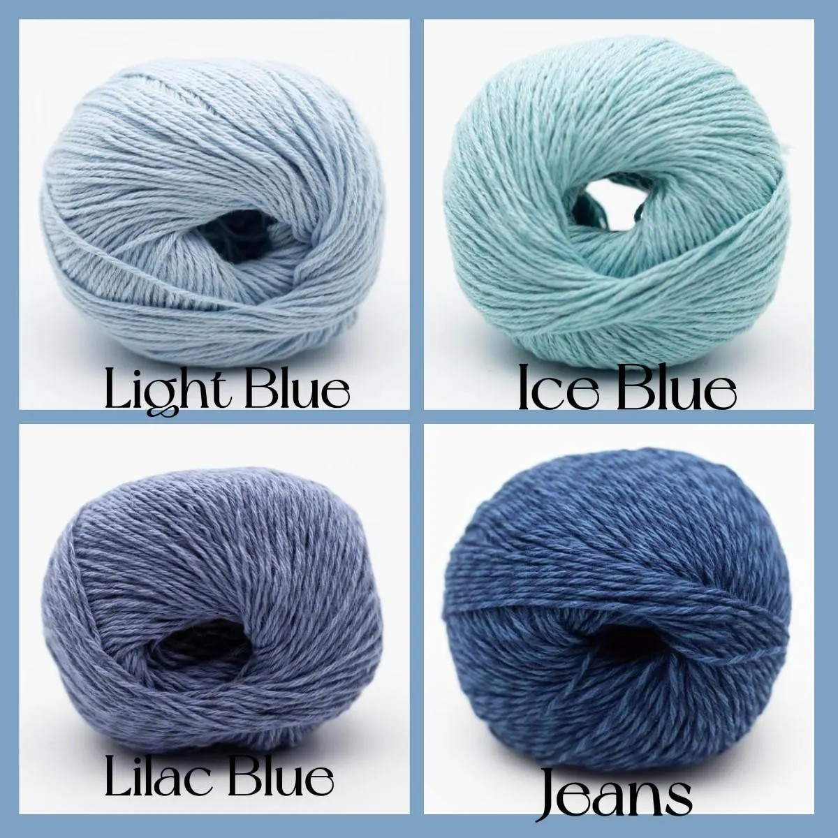 Four skeins of yarn arranged in a 2x2 grid with labels reading Light Blue, Ice Blue, Lilac Blue, and Jeans. The top-left skein is pale light blue, the top-right is icy blue, the bottom-left is lavender-blue, and the bottom-right is a medium denim blue.