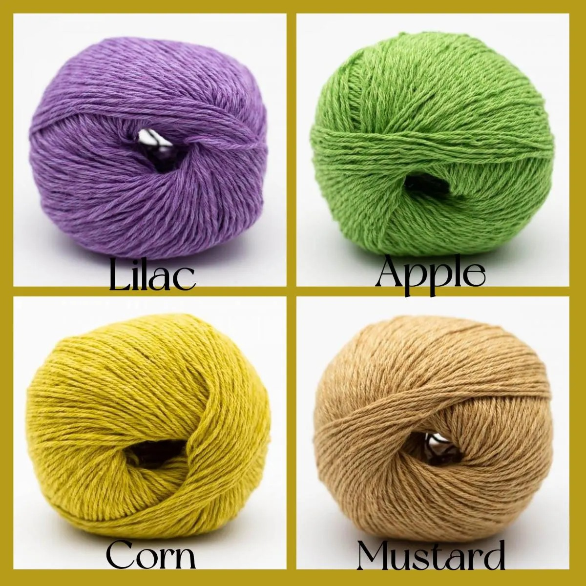 Four balls of yarn arranged in a 2x2 grid with labels underneath: lilac, apple, corn, and mustard. The yarn balls are shown on a white background with a mustard border around the image.