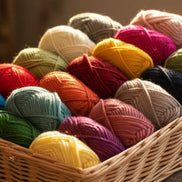 Bulky Weight Yarn 100% Merino Wool Super Bulky Yarn Weight 6 Chunky Natural Wool Yarn for Knitting & Crochet Quick Project Yarn. A wicker basket filled with many balls of yarn in assorted colors, including blue, green, yellow, pink, red, orange, purple, black, and cream, photographed in warm natural light.
