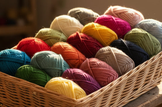 Bulky Weight Yarn 100% Merino Wool Super Bulky Yarn Weight 6 Chunky Natural Wool Yarn for Knitting & Crochet Quick Project Yarn. A wicker basket filled with many balls of yarn in assorted colors, including blue, green, yellow, pink, red, orange, purple, black, and cream, photographed in warm natural light.