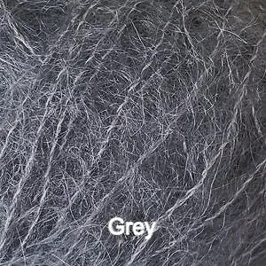 A close-up texture shot of grey wool fibers filling the frame, with the word 'Grey' overlaid near the bottom center.