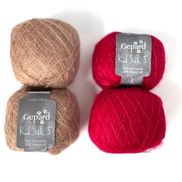Four balls of Gepard Kid Silk 5 yarn arranged in a 2x2 grid on a white background, showing two light brown/tan balls and two bright red balls, each with its product label visible.