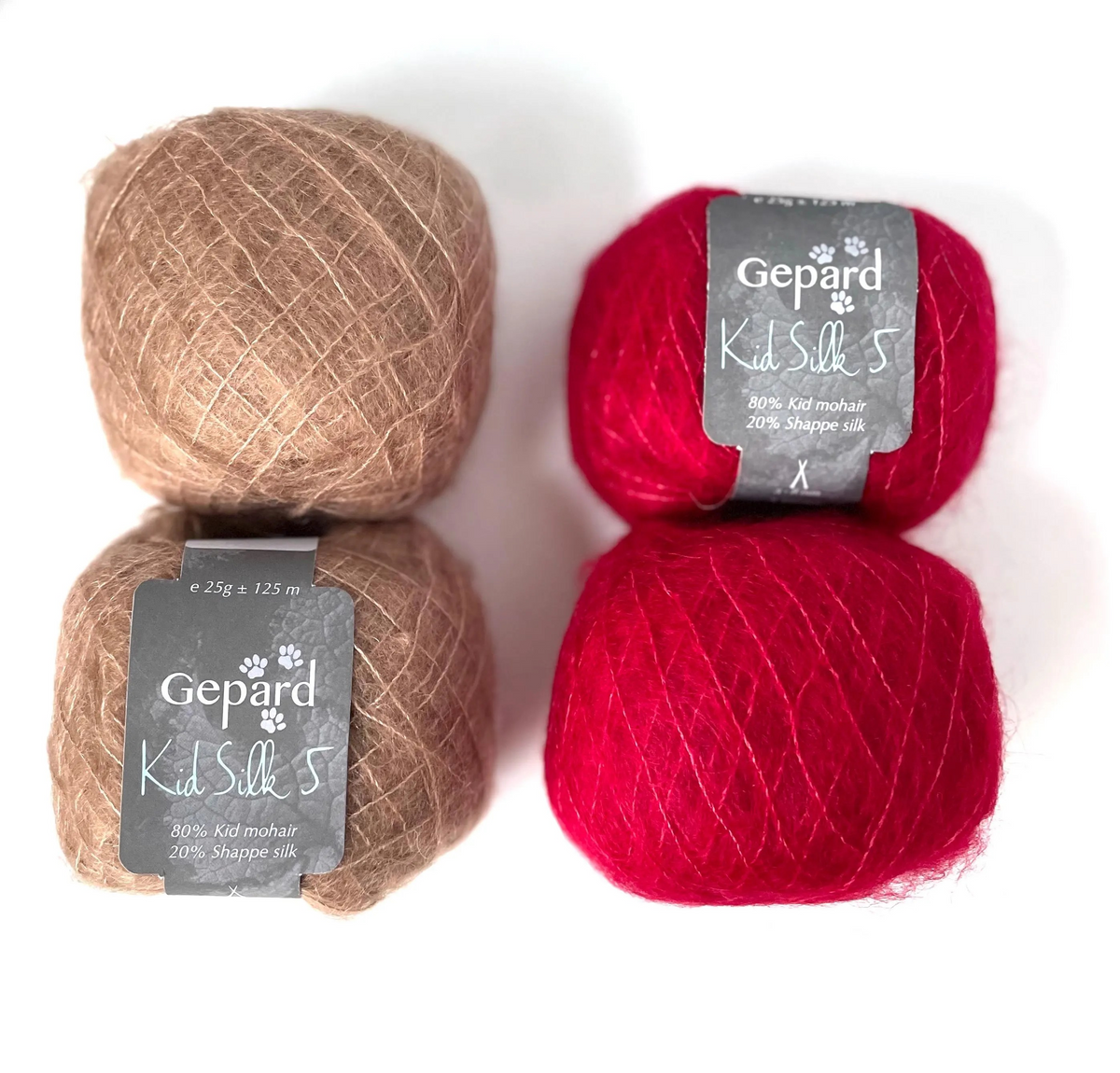 Four balls of Gepard Kid Silk 5 yarn arranged in a 2x2 grid on a white background, showing two light brown/tan balls and two bright red balls, each with its product label visible.