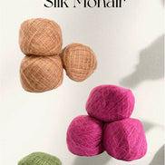 Promotional graphic for 'Chic & Cozy Yarn Shop' featuring three balls of textured silk mohair yarn in beige, magenta pink, and sage green, arranged on a light background with text reading '10 Ideas for Kid Silk Mohair'.
