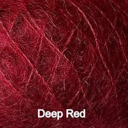 A close-up texture shot of deep red yarn strands with the text 'Deep Red' overlaid at the bottom.