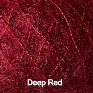 A close-up texture shot of deep red yarn strands with the text 'Deep Red' overlaid at the bottom.