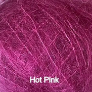 A close-up of fluffy, fibrous yarn in a vivid hot pink color, with the text 'Hot Pink' overlaid at the bottom.