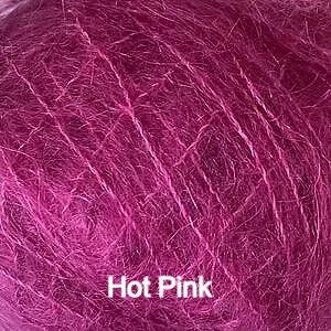 A close-up of fluffy, fibrous yarn in a vivid hot pink color, with the text 'Hot Pink' overlaid at the bottom.