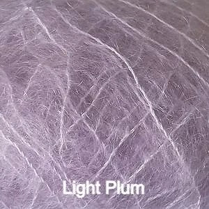 A close-up texture shot of fluffy, soft fibers in a light plum purple color, with the text 'Light Plum' written at the bottom.