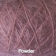 A close-up texture shot of dusty mauve-pink powder, with the word 'Powder' written in white text at the bottom.