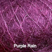 A close-up texture shot of a purple, shimmery, fibrous material with the text 'Purple Rain' written in white at the bottom.