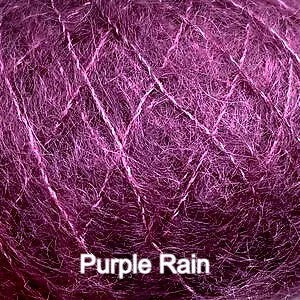 A close-up texture shot of a purple, shimmery, fibrous material with the text 'Purple Rain' written in white at the bottom.