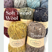 Six balls of soft tweed wool yarn in assorted earthy and muted colors, arranged in two rows with kraft paper labels. White text overlays read 'Soft Tweed Wool' and 'by CaMaRose'.