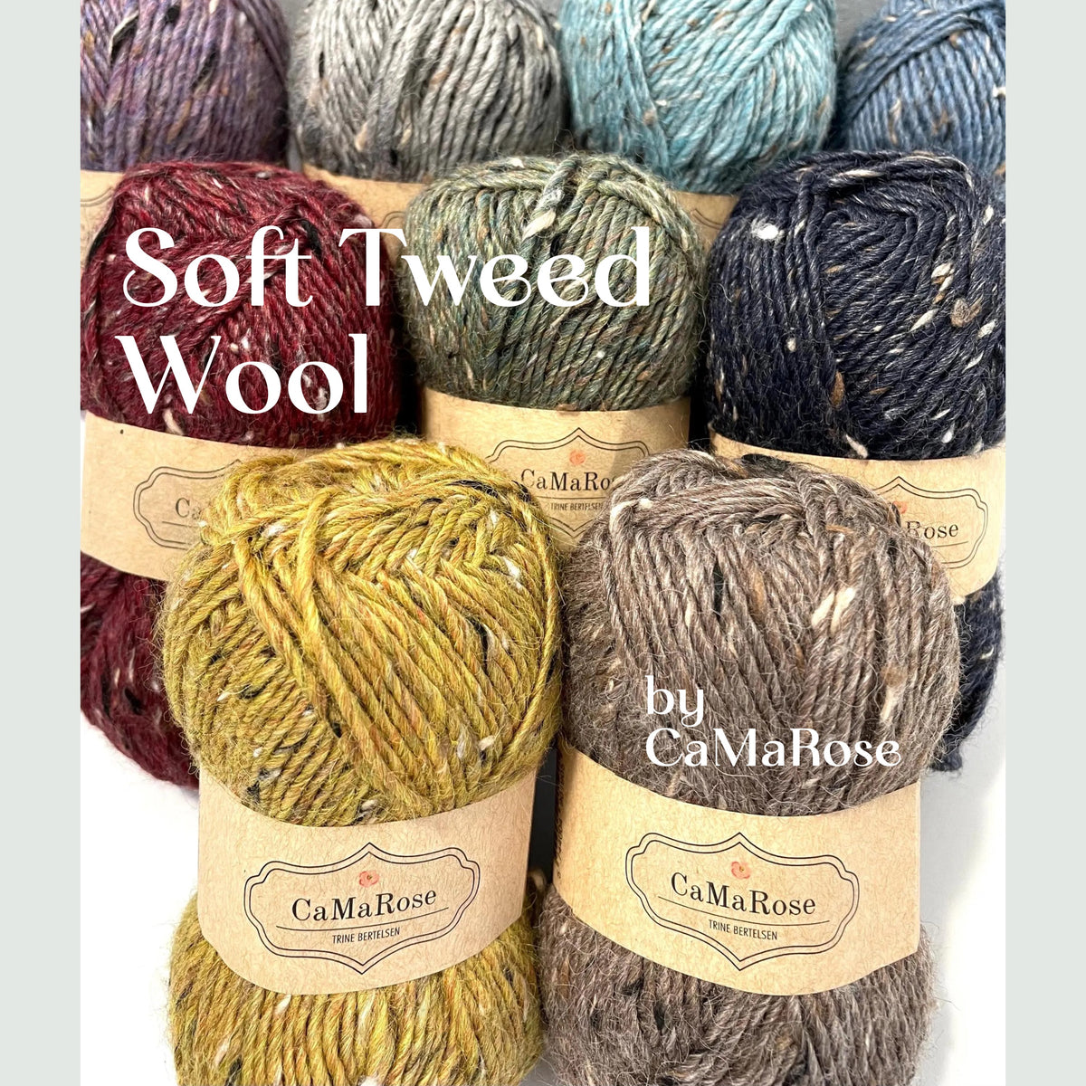 Six balls of soft tweed wool yarn in assorted earthy and muted colors, arranged in two rows with kraft paper labels. White text overlays read 'Soft Tweed Wool' and 'by CaMaRose'.
