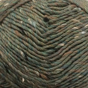 A close-up of a ball of variegated yarn with twisted plies in a heathered mix of olive green, dark brown, and tan.