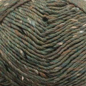 A close-up of a ball of variegated yarn with twisted plies in a heathered mix of olive green, dark brown, and tan.