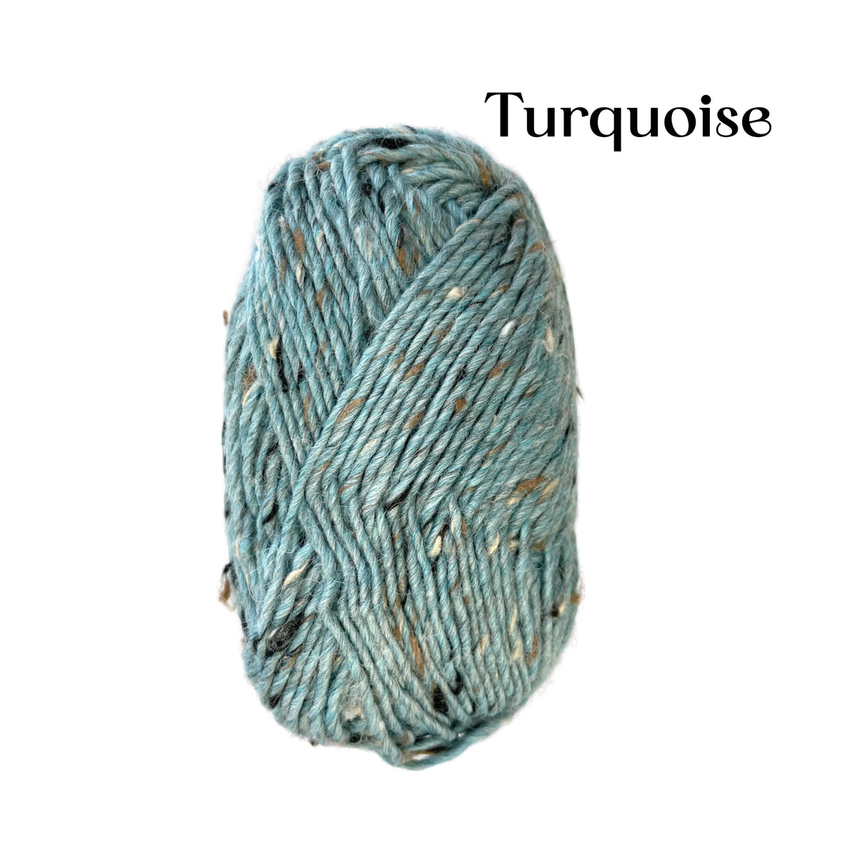 A skein of variegated yarn in a turquoise blue-green color with flecks of beige, black, and brown, shown against a plain white background with the word 'Turquoise' printed in black text in the upper right.
