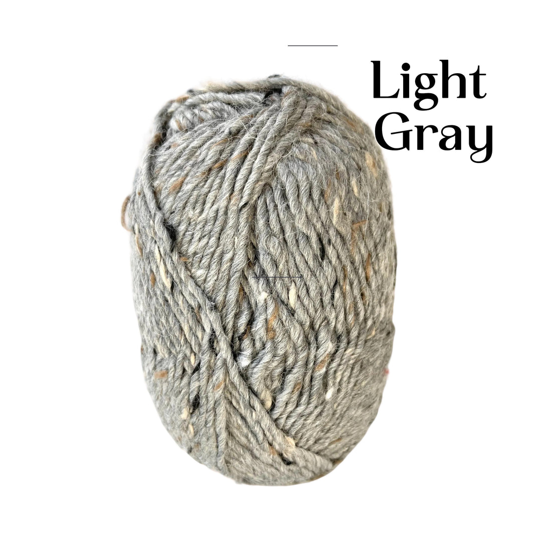 A ball of variegated light gray yarn with subtle beige and white flecks, shown on a plain white background with the text 'Light Gray' in the upper right.