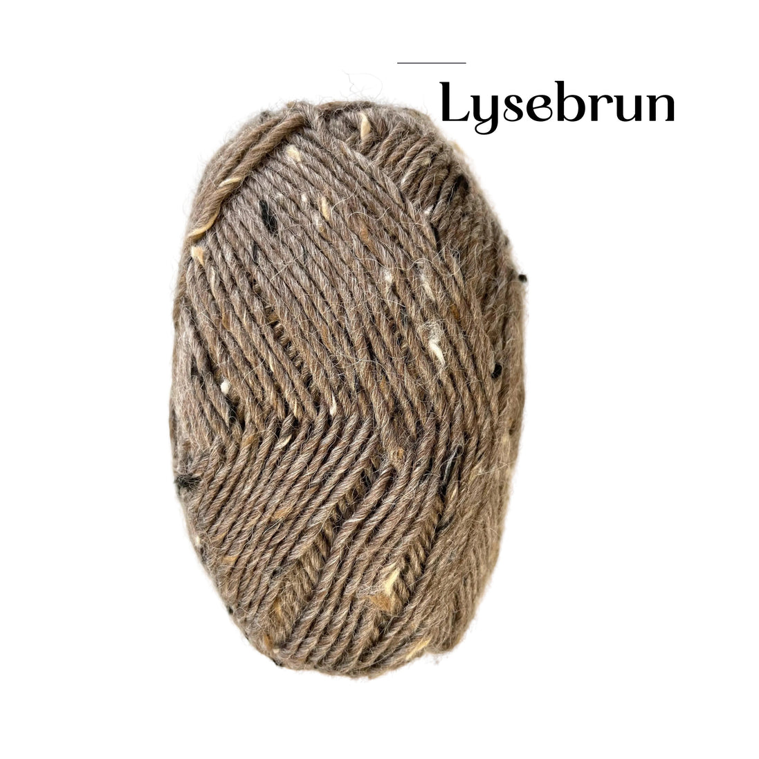 A single ball of textured yarn in a heathered brown and beige colorway, labeled 'Lysebrun' in black text at the top right, set against a plain white background.