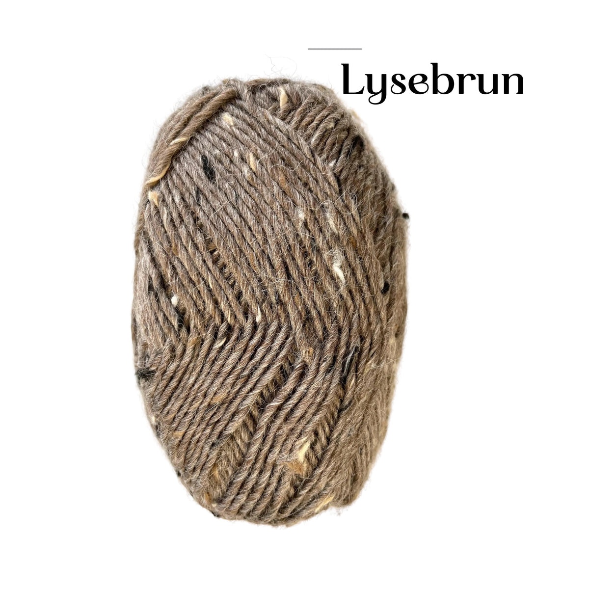 A single ball of textured yarn in a heathered brown and beige colorway, labeled 'Lysebrun' in black text at the top right, set against a plain white background.