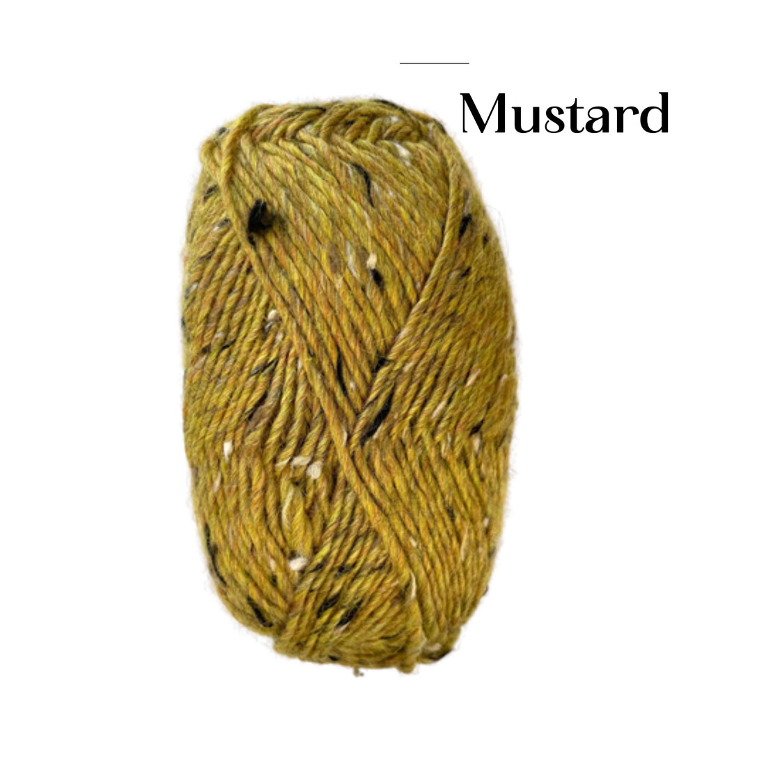 A ball of mustard yellow yarn with small black and white flecks, shown on a plain white background with the text 'Mustard' above it.