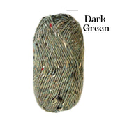 A single ball of yarn in a heathered dark green color with flecks of beige, brown, and small red bits, shown against a plain white background with the text 'Dark Green' printed on the right.