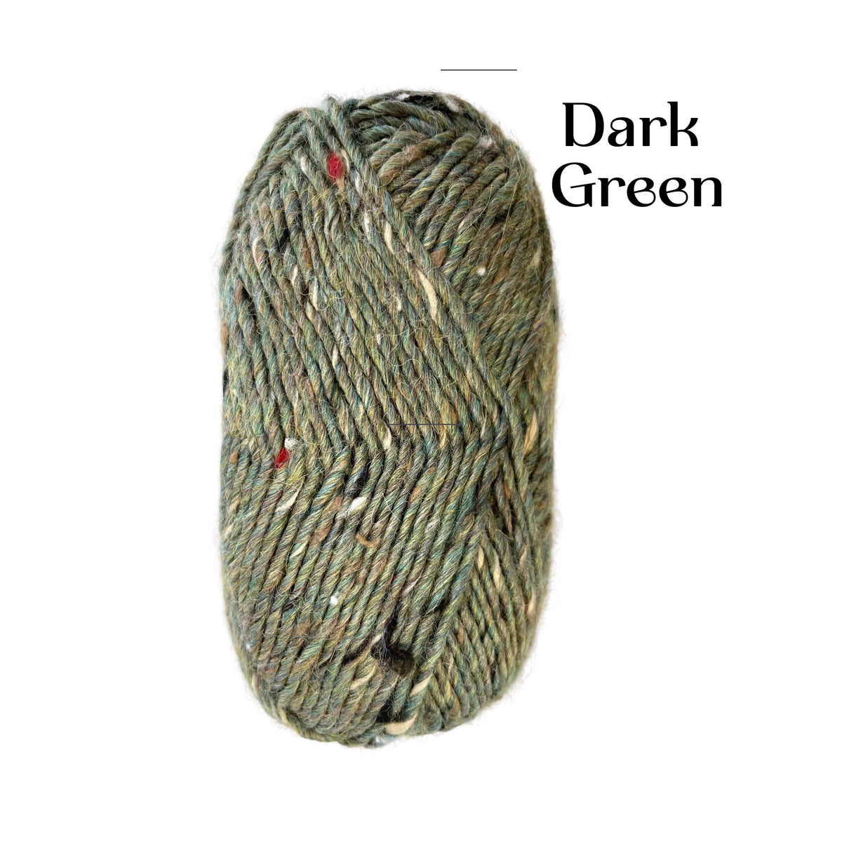 A single ball of yarn in a heathered dark green color with flecks of beige, brown, and small red bits, shown against a plain white background with the text 'Dark Green' printed on the right.