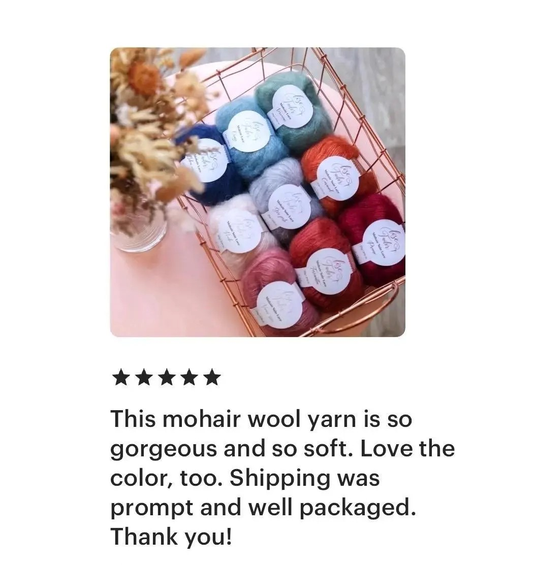 A product review with a small photo of several skeins of yarn in a copper wire basket, accompanied by five stars and a customer review text praising the softness, color, and packaging of the mohair wool yarn. 