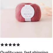 A skein of dusty rose pink yarn with a white circular label reading 'Lise Tufler Mohair Sole Lace Vixen wov', shown on a light beige background with a text overlay below reading 'Quality yarn, fast shipping, excellent customer service.'.